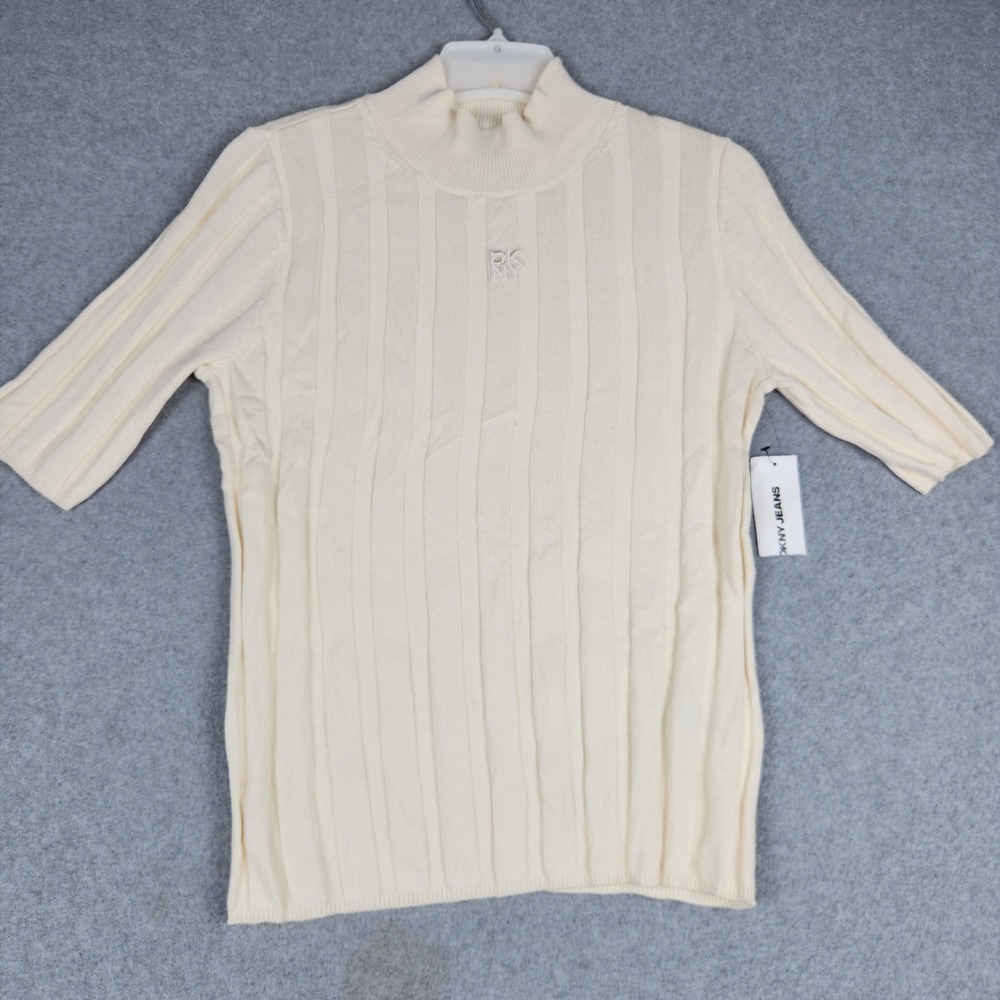 DKNY Jeans Sweater Womens Medium Cream Ribbed Knit Cotton Mock Neck Casual